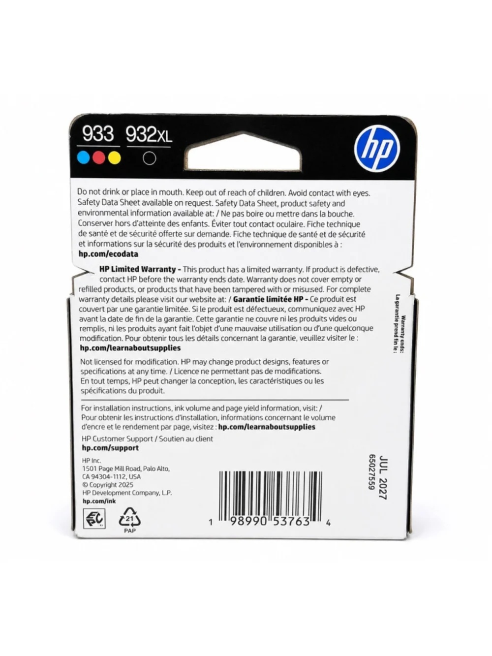HP 932XL 933 Ink 4-Pack Black Cyan Magenta Yellow OEM N9H62FN• NEW
